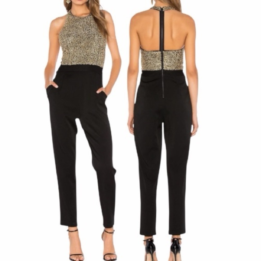 Alice + Olivia Jeri Embellished Black and Gold T Back Jumpsuit Size 6